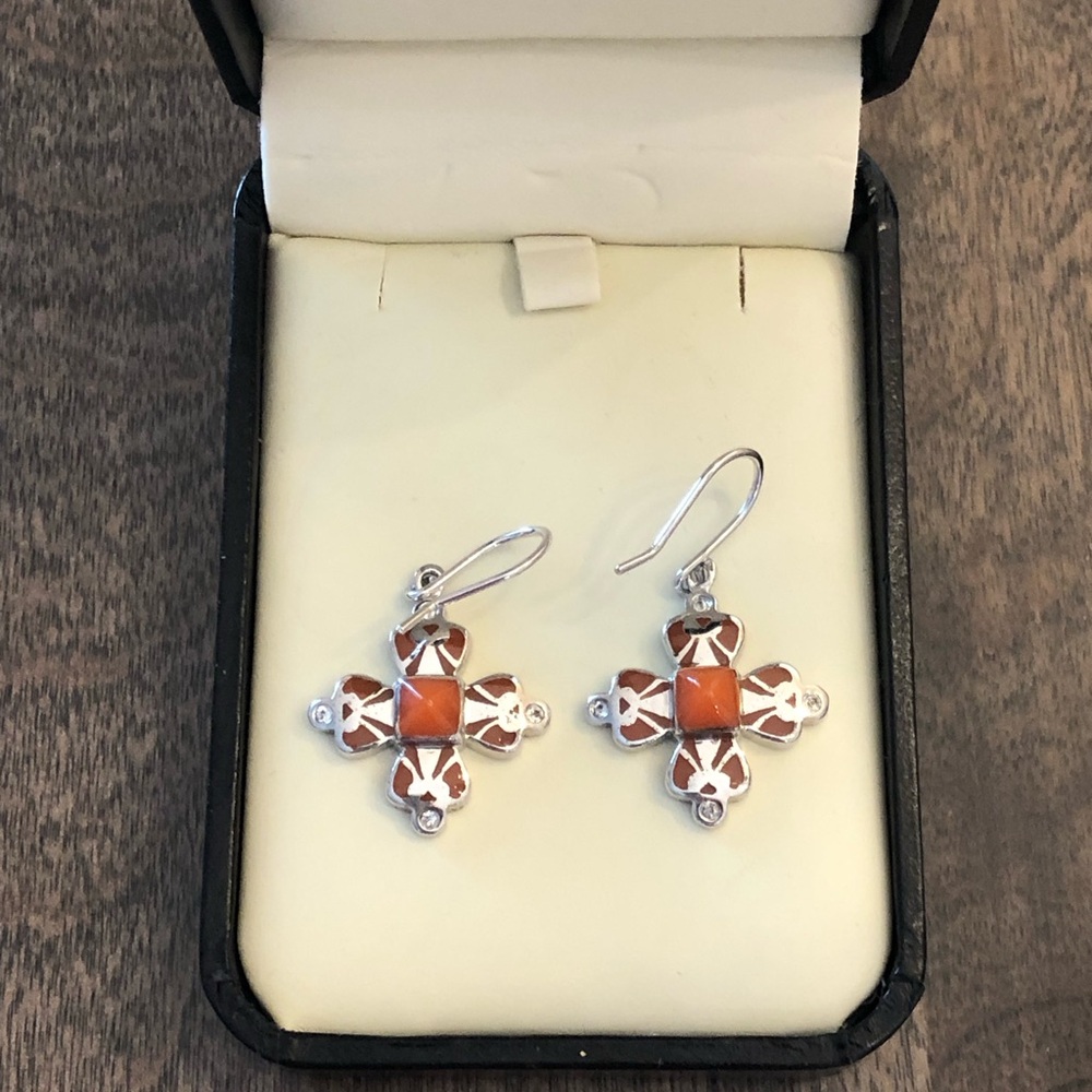 Sterling Silver and Genuine Coral
Cross Earrings